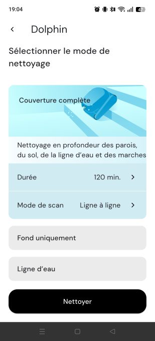 appli maytronics sélection mode de nettoyage