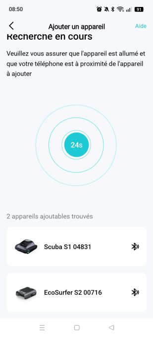 Appli Aiper recherche d'appareil
