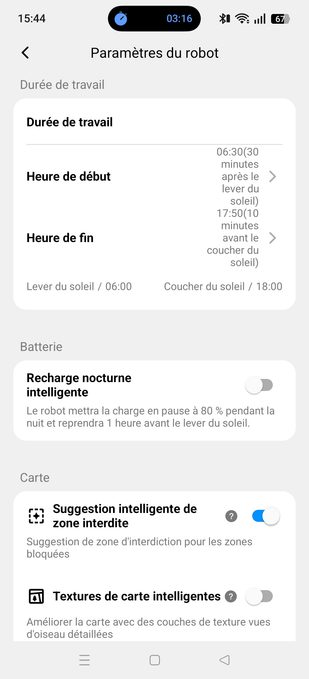 appli terramow paramètres durée de travail batterie carte