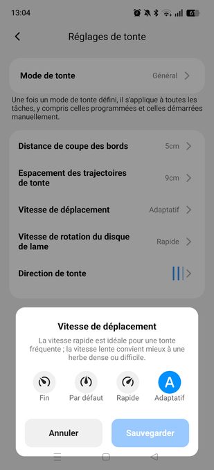 appli terramow vitesse de déplacement