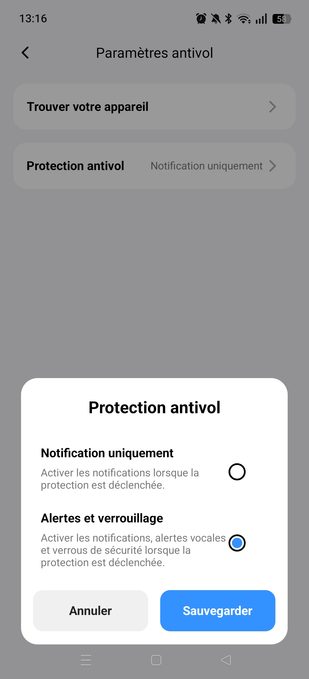 appli terramow paramètres protection antivol