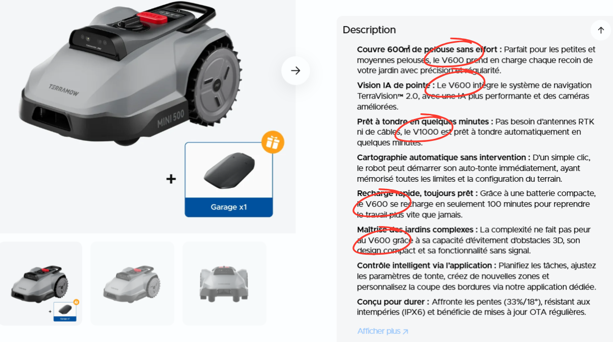 TerraMow Mini 500 fiche produit pas à jour