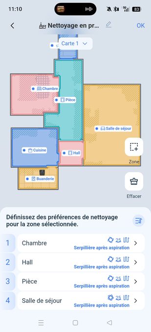 appli ecovacs scénarios zones de préférence