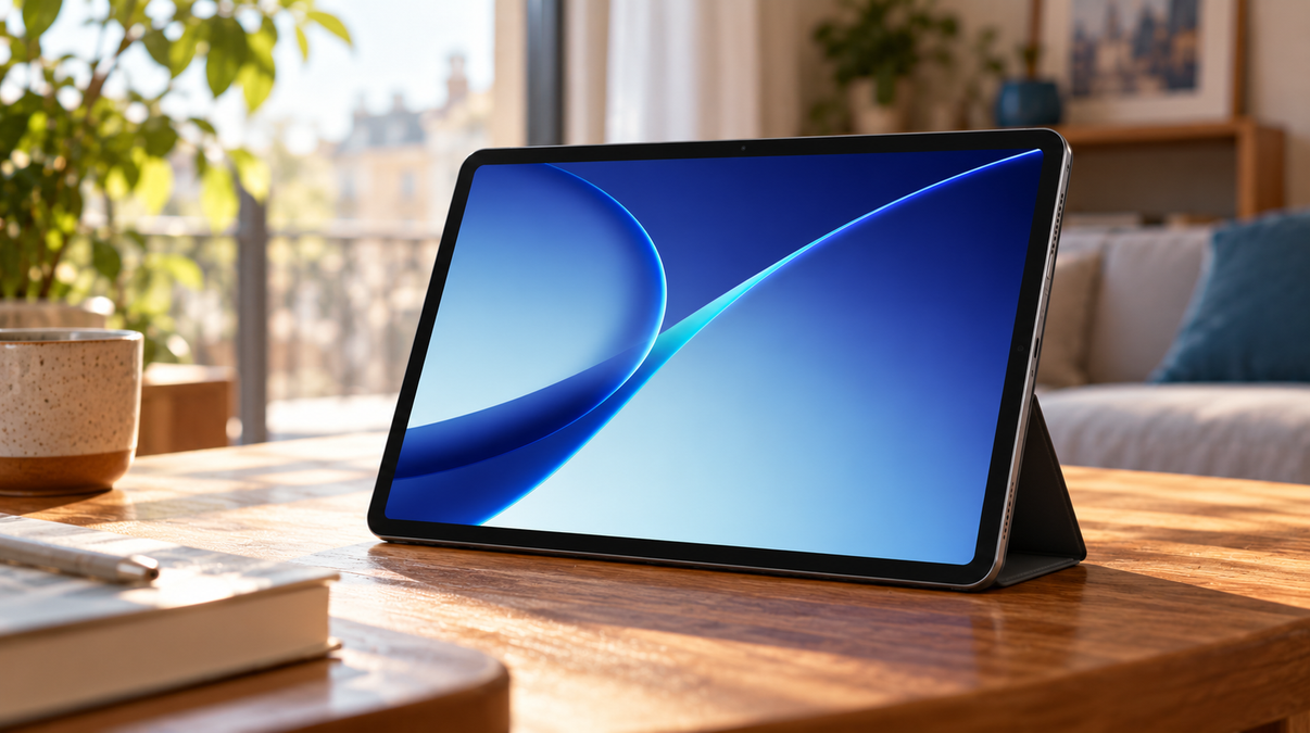 Tablette bleue dans un intérieur chaleureux