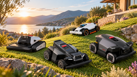 Tondeuses robots face au lac alpin